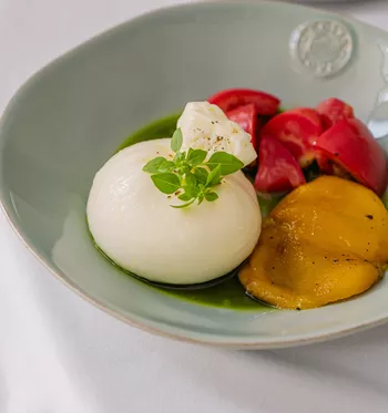 Салат с бурратой, печеными перцами и помидорами