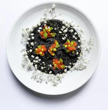 Тартар из лосося на чипсах из риса и каракатицы