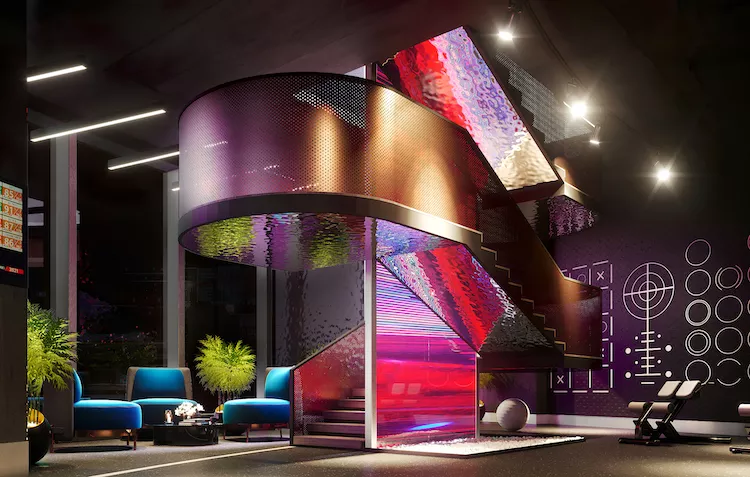 Архитектурное бюро Александра Паркина стремилось в дизайне сделать акцент на эффект невесомости: высокие потолки, уникальная система подсветки, обилие зеркальных и стеклянных поверхностей