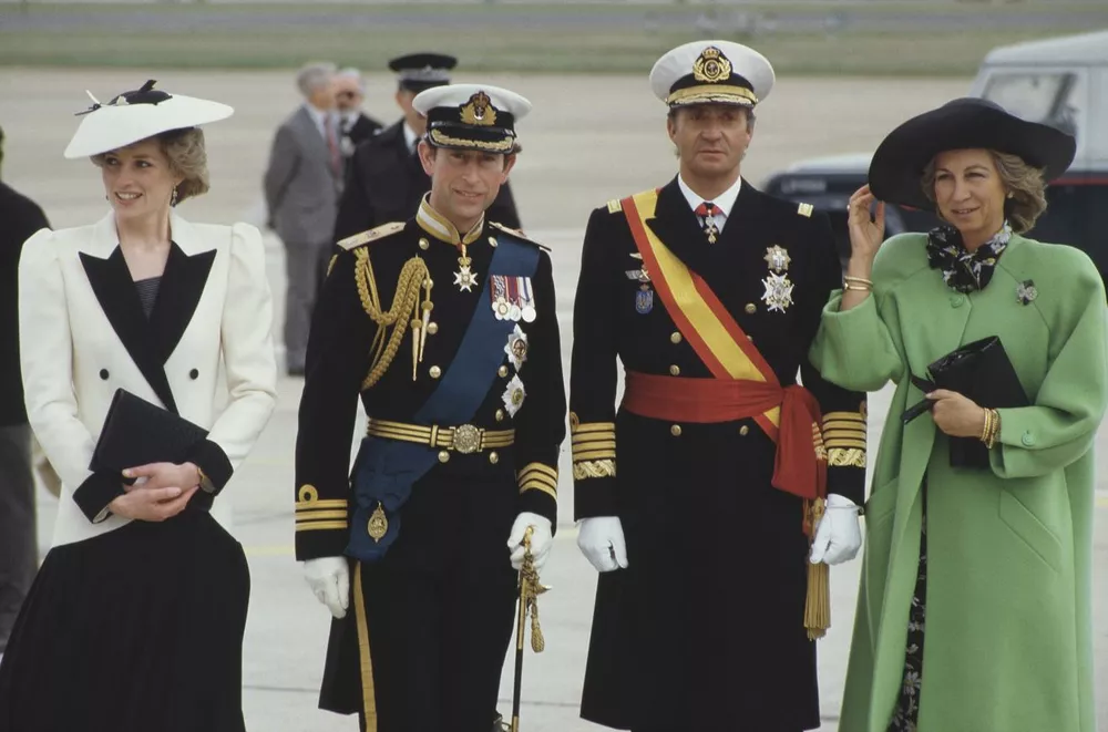 Принцесса Диана, принц Чарльз, король Испании Хуан Карлос с супругой, королевой Софией, апрель 1986 года